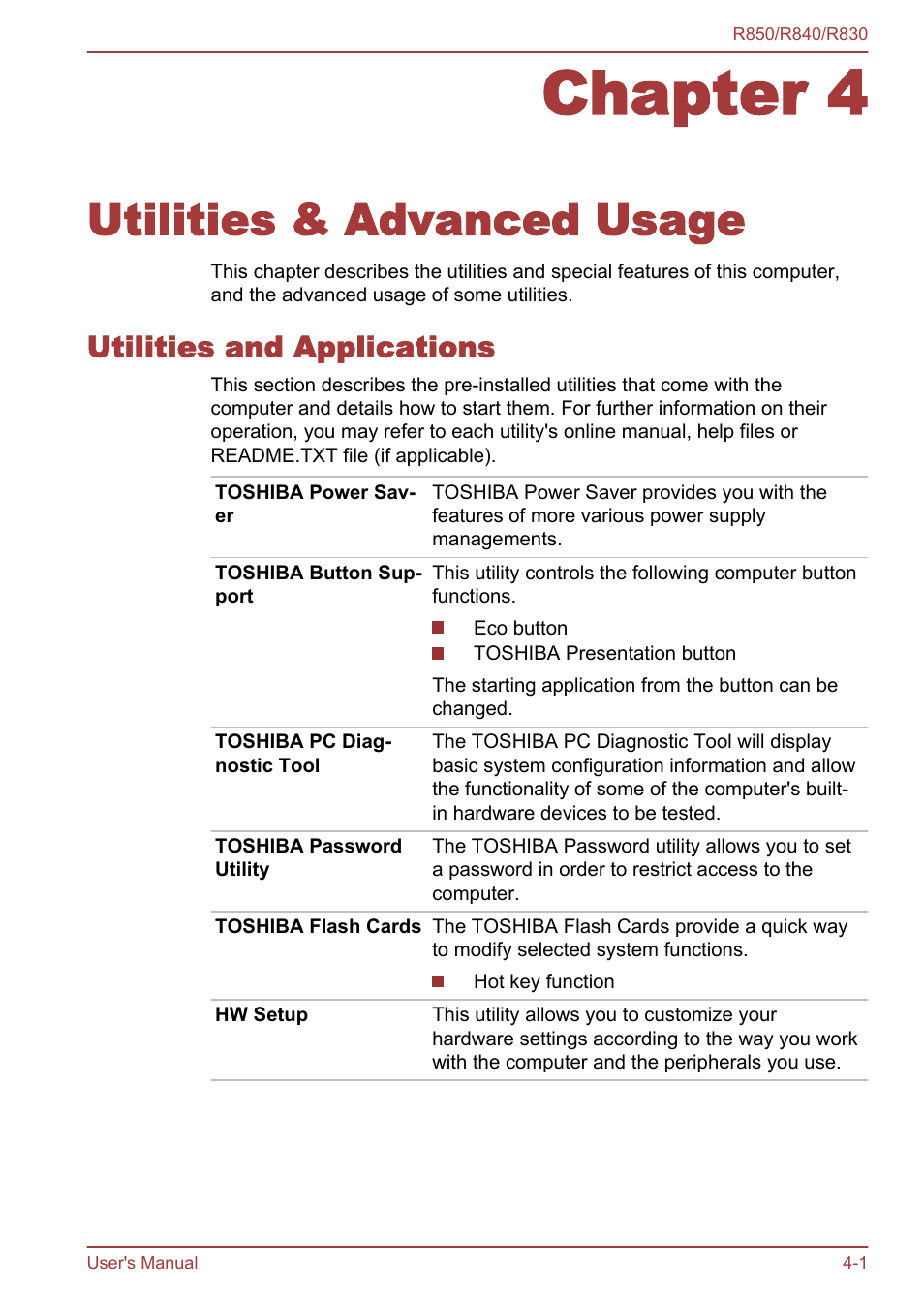 Chapter 4 utilities & advanced usage, Utilities and applications, Chapter 4 | Utilities & advanced usage, Utilities and applications -1 | Toshiba Satellite R830 User Manual | Page 122 / 212