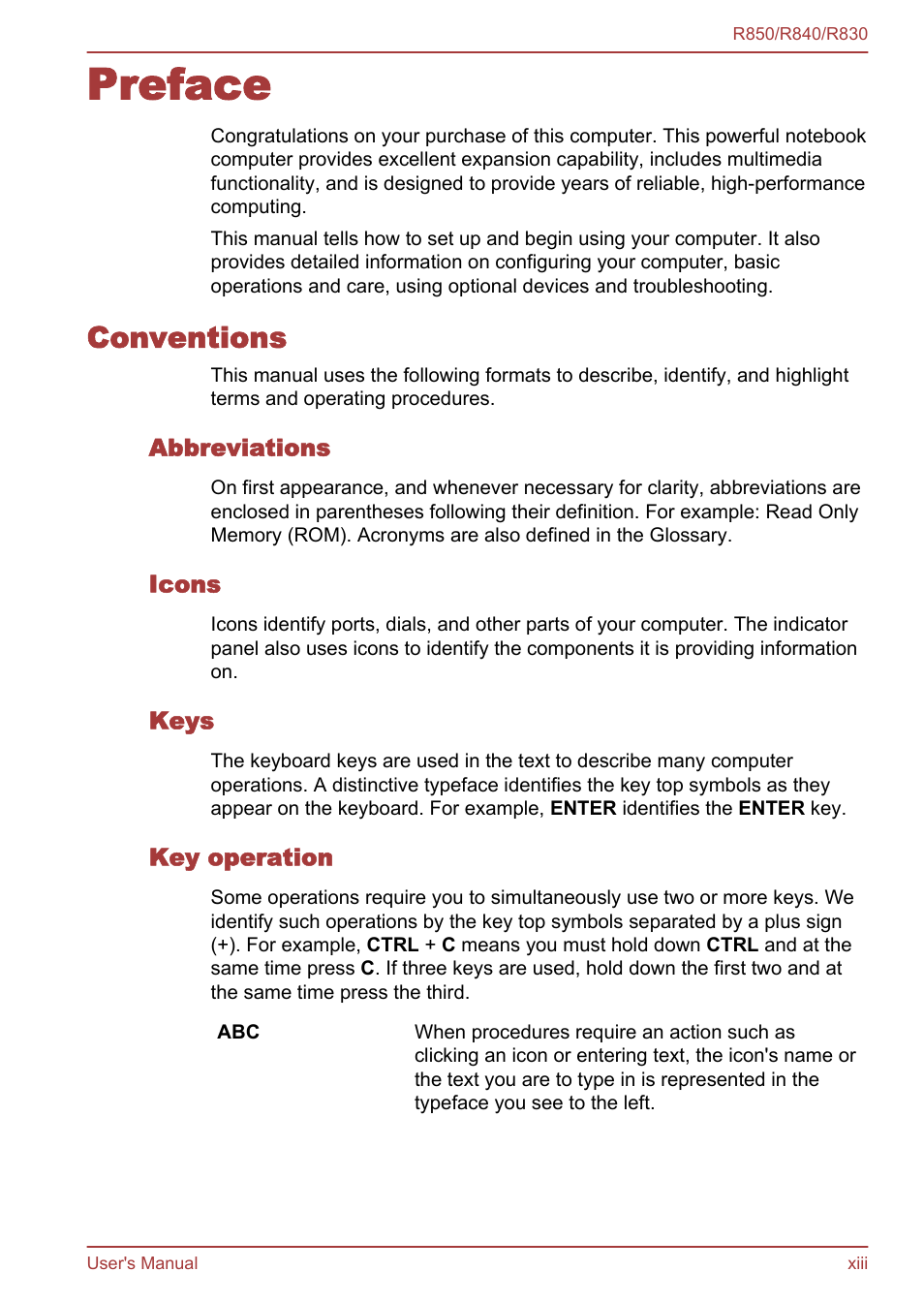 Preface, Conventions, Abbreviations | Icons, Keys, Key operation | Toshiba Satellite R830 User Manual | Page 13 / 212