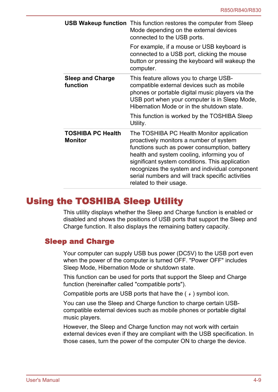 Using the toshiba sleep utility, Sleep and charge, Using the toshiba sleep utility -9 | Function | Toshiba Satellite R830 User Manual | Page 130 / 212