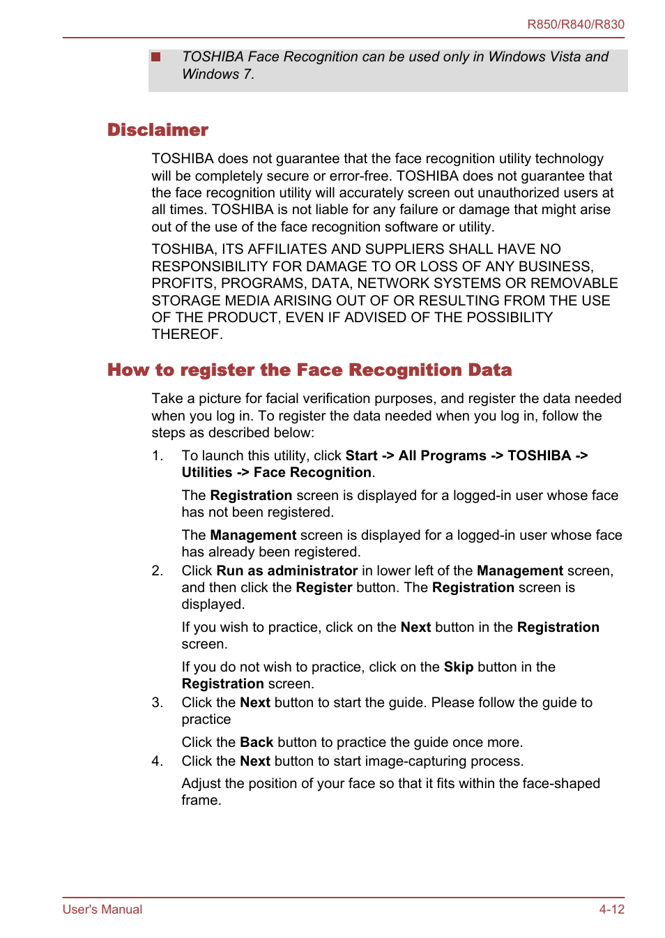 Disclaimer, How to register the face recognition data | Toshiba Satellite R830 User Manual | Page 133 / 212