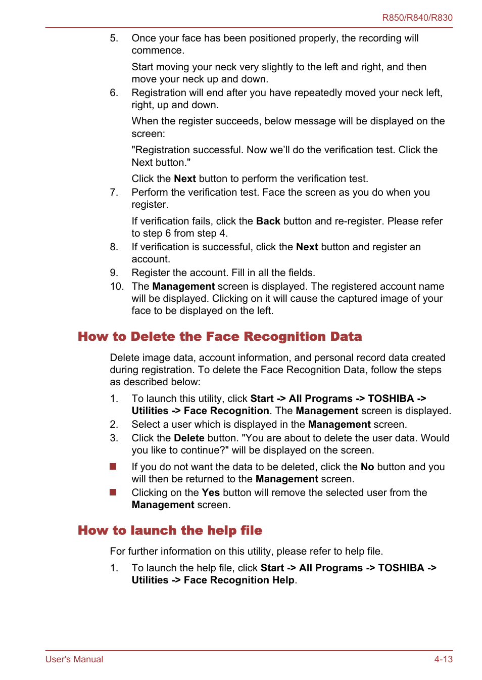 How to delete the face recognition data, How to launch the help file | Toshiba Satellite R830 User Manual | Page 134 / 212