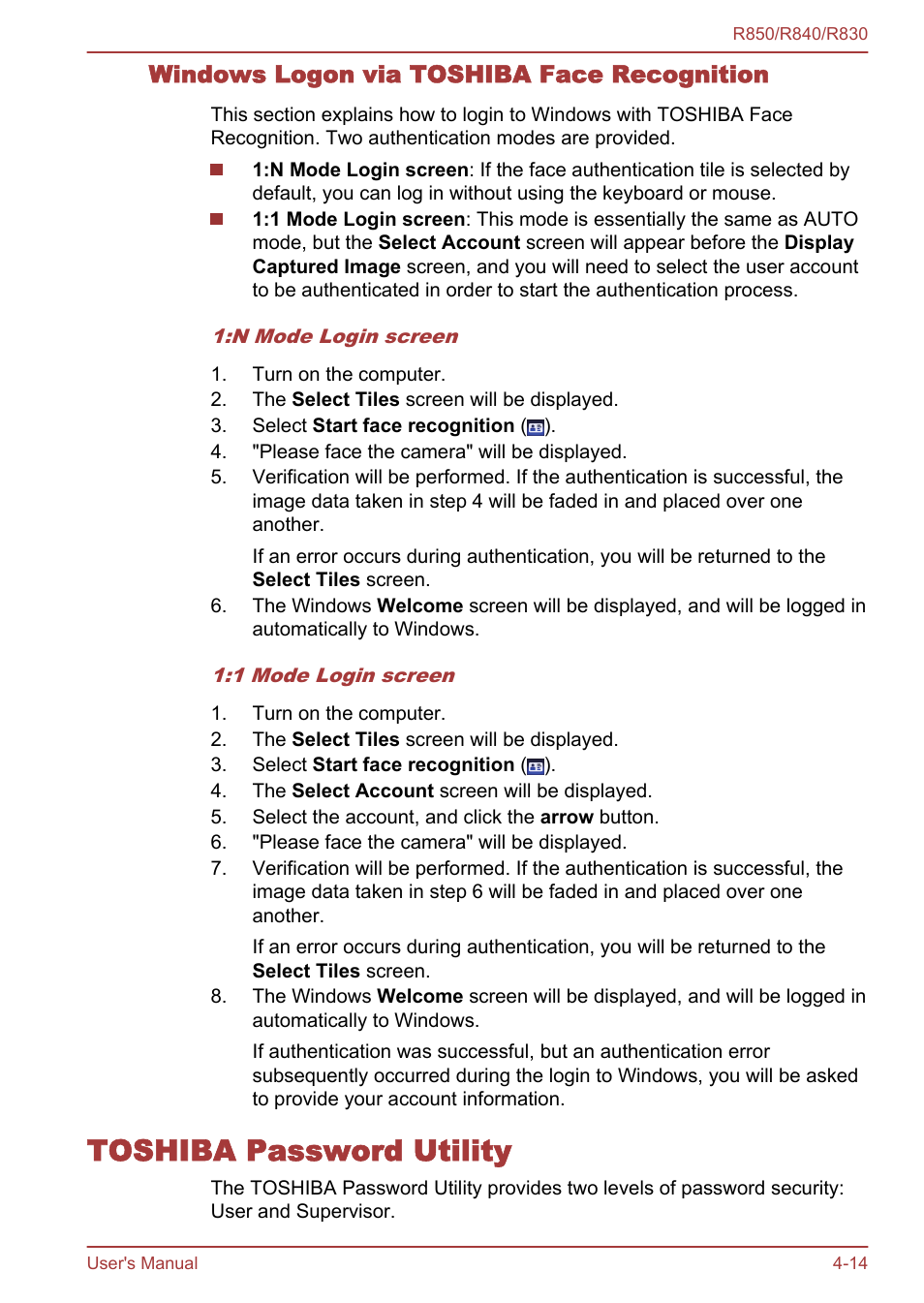 Windows logon via toshiba face recognition, Toshiba password utility, Toshiba password utility -14 | Toshiba Satellite R830 User Manual | Page 135 / 212