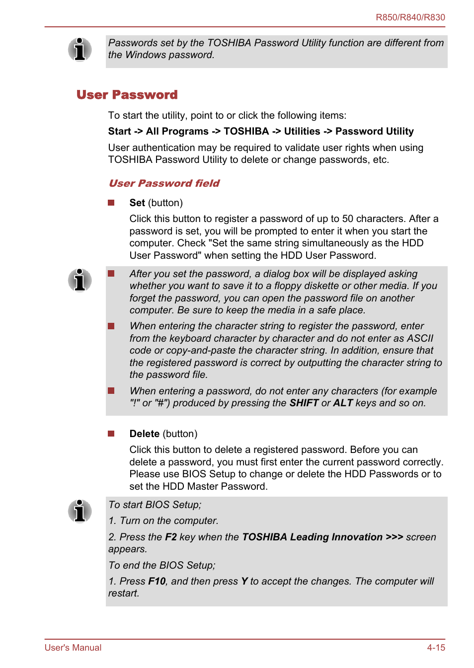 User password | Toshiba Satellite R830 User Manual | Page 136 / 212