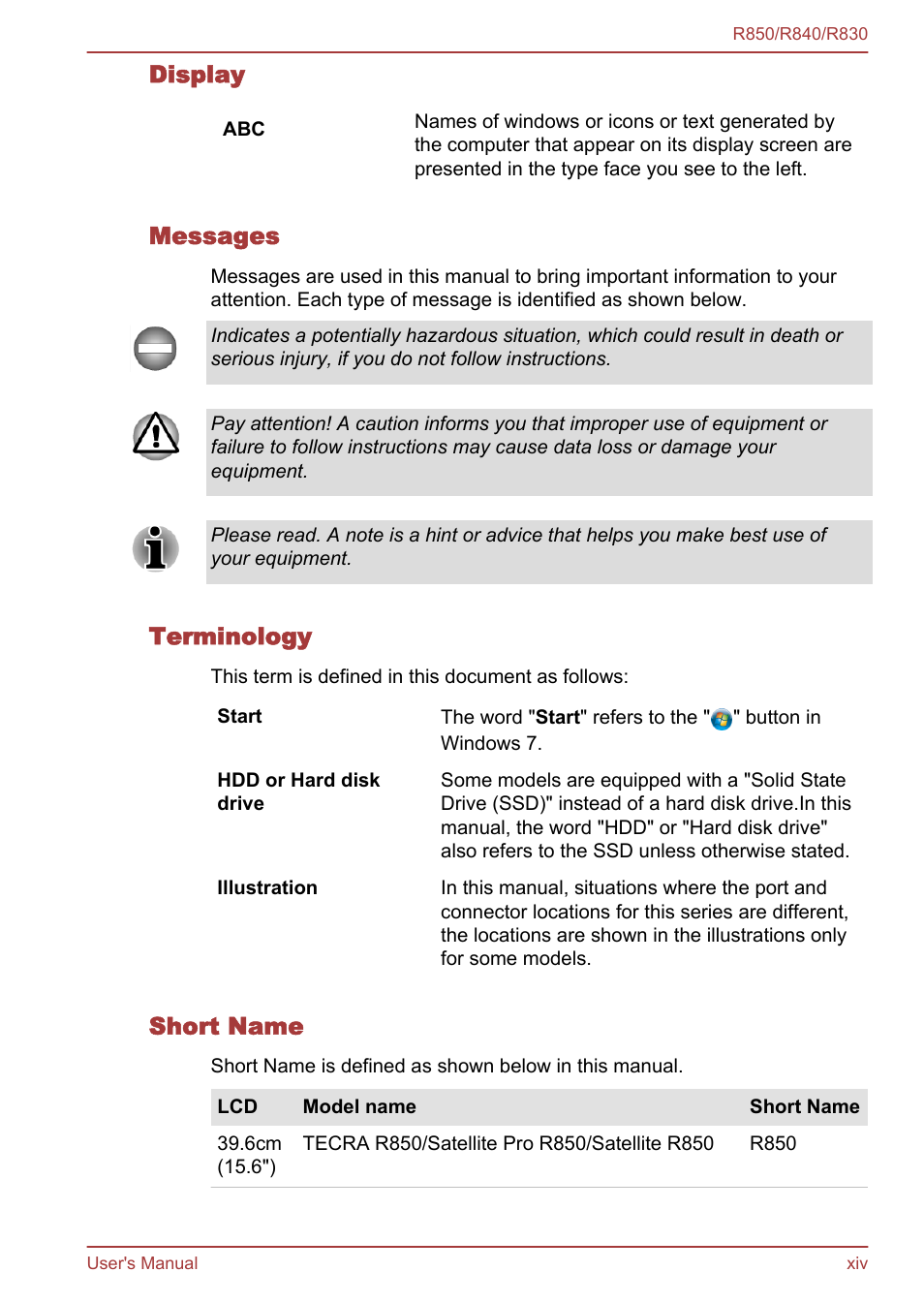 Display, Messages, Terminology | Short name | Toshiba Satellite R830 User Manual | Page 14 / 212