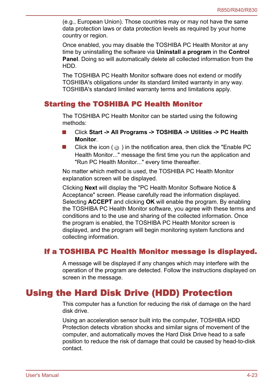 Starting the toshiba pc health monitor, Using the hard disk drive (hdd) protection, Using the hard disk drive (hdd) protection -23 | To-disk contact. refer to the, Using the hard disk, Drive (hdd) protection, Section for more details | Toshiba Satellite R830 User Manual | Page 144 / 212