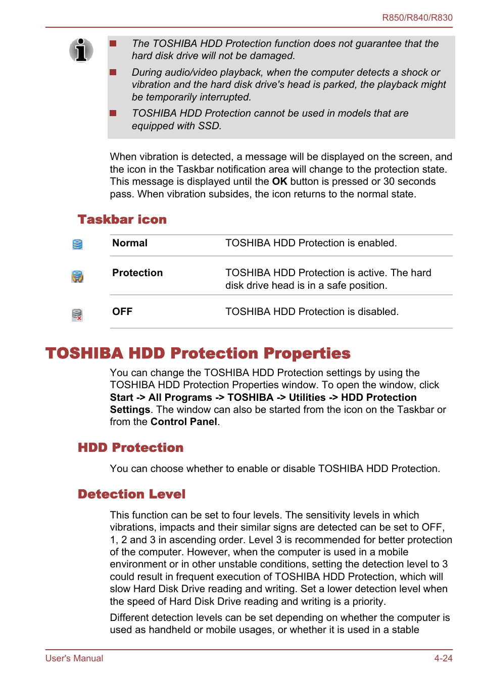 Taskbar icon, Toshiba hdd protection properties, Hdd protection | Detection level, Toshiba hdd protection properties -24 | Toshiba Satellite R830 User Manual | Page 145 / 212