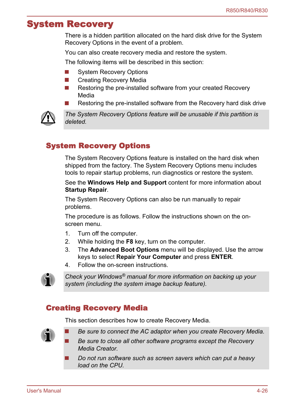 System recovery, System recovery options, Creating recovery media | System recovery -26 | Toshiba Satellite R830 User Manual | Page 147 / 212