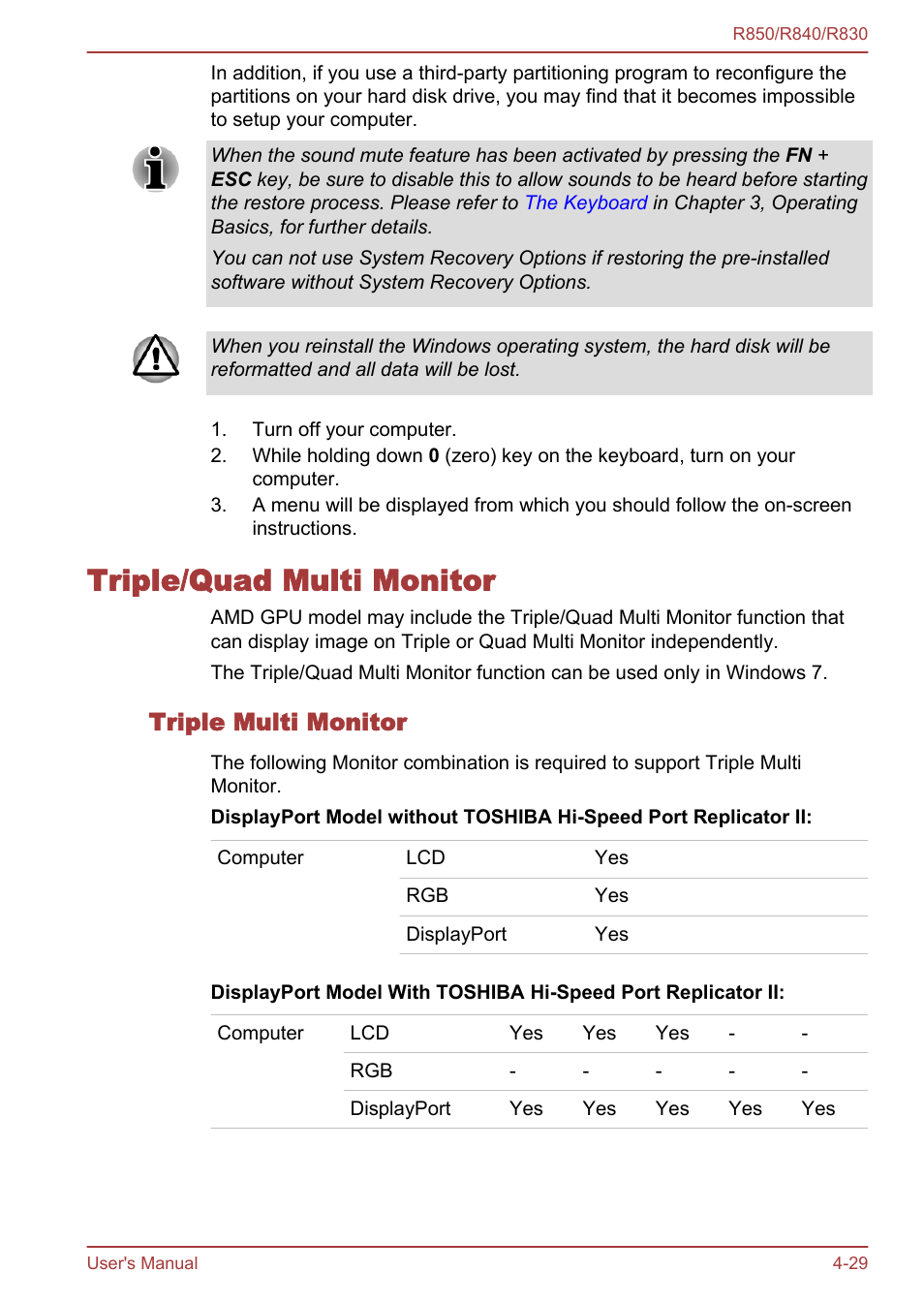 Triple/quad multi monitor, Triple multi monitor, Triple/quad multi monitor -29 | Toshiba Satellite R830 User Manual | Page 150 / 212