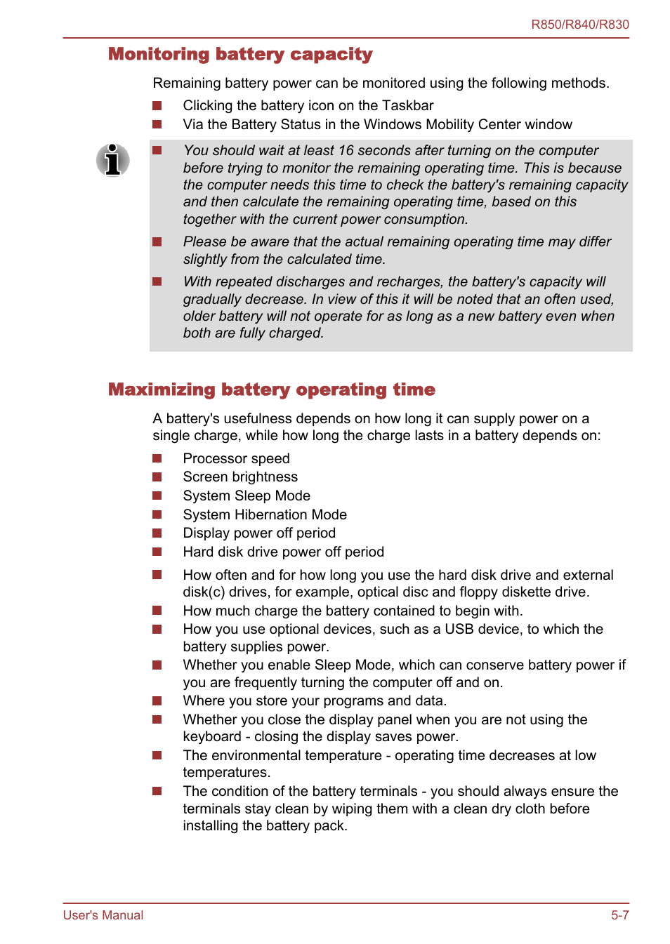 Monitoring battery capacity, Maximizing battery operating time | Toshiba Satellite R830 User Manual | Page 158 / 212