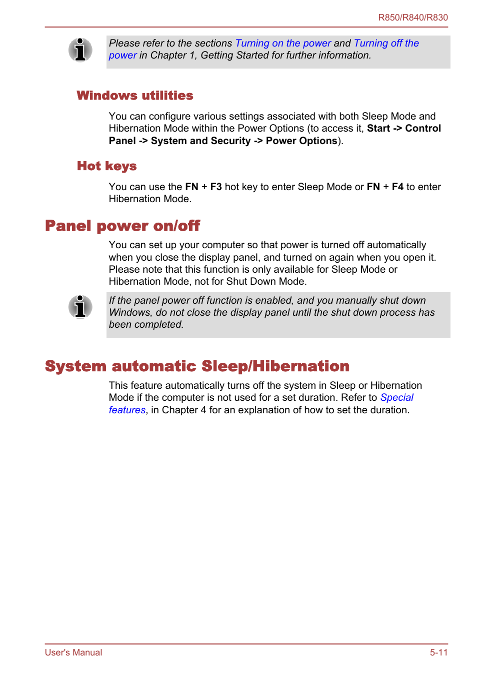 Windows utilities, Hot keys, Panel power on/off | System automatic sleep/hibernation | Toshiba Satellite R830 User Manual | Page 162 / 212