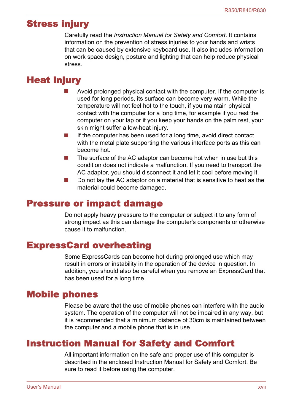 Stress injury, Heat injury, Pressure or impact damage | Expresscard overheating, Mobile phones, Instruction manual for safety and comfort | Toshiba Satellite R830 User Manual | Page 17 / 212