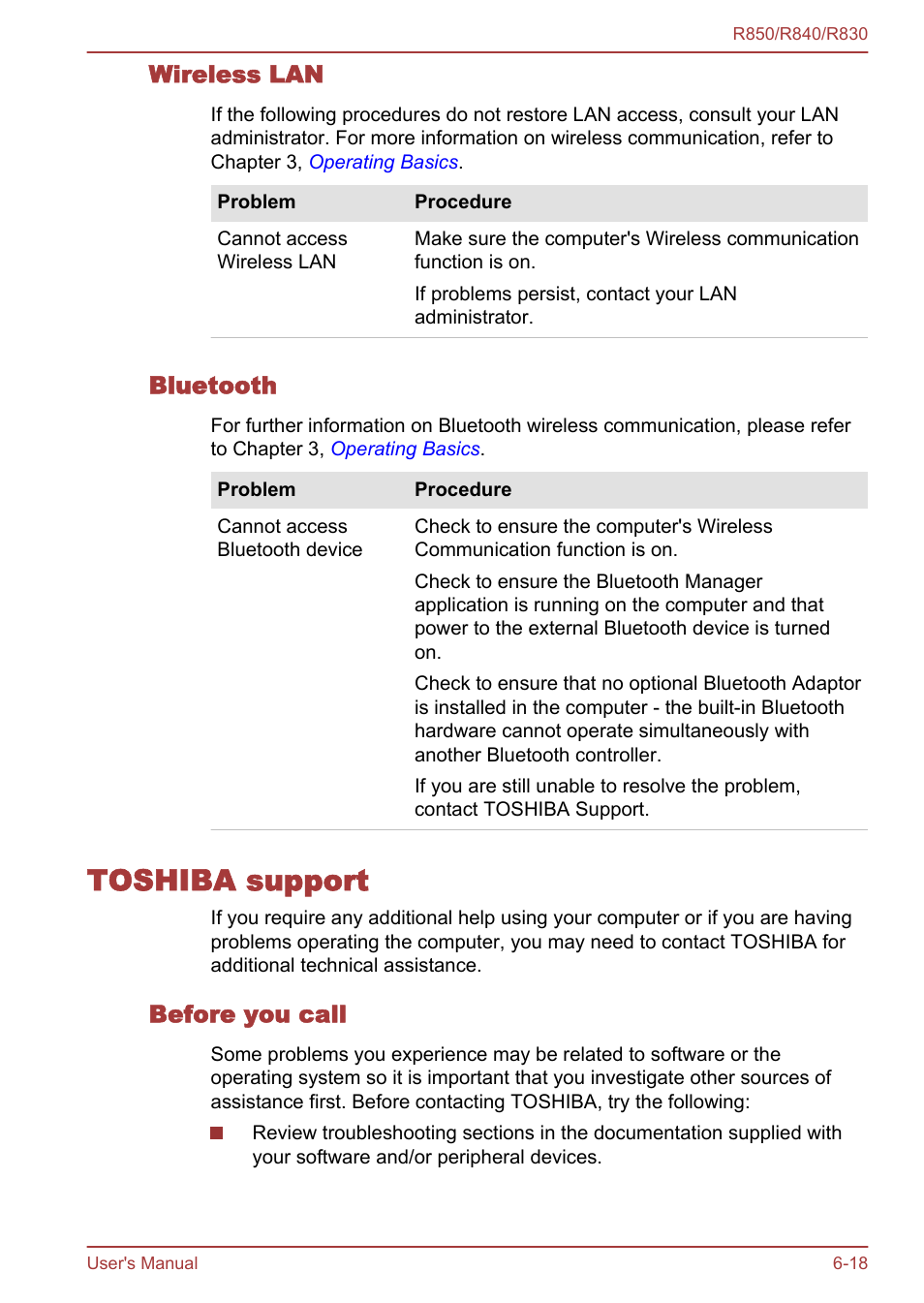 Wireless lan, Bluetooth, Toshiba support | Before you call, Toshiba support -18 | Toshiba Satellite R830 User Manual | Page 180 / 212