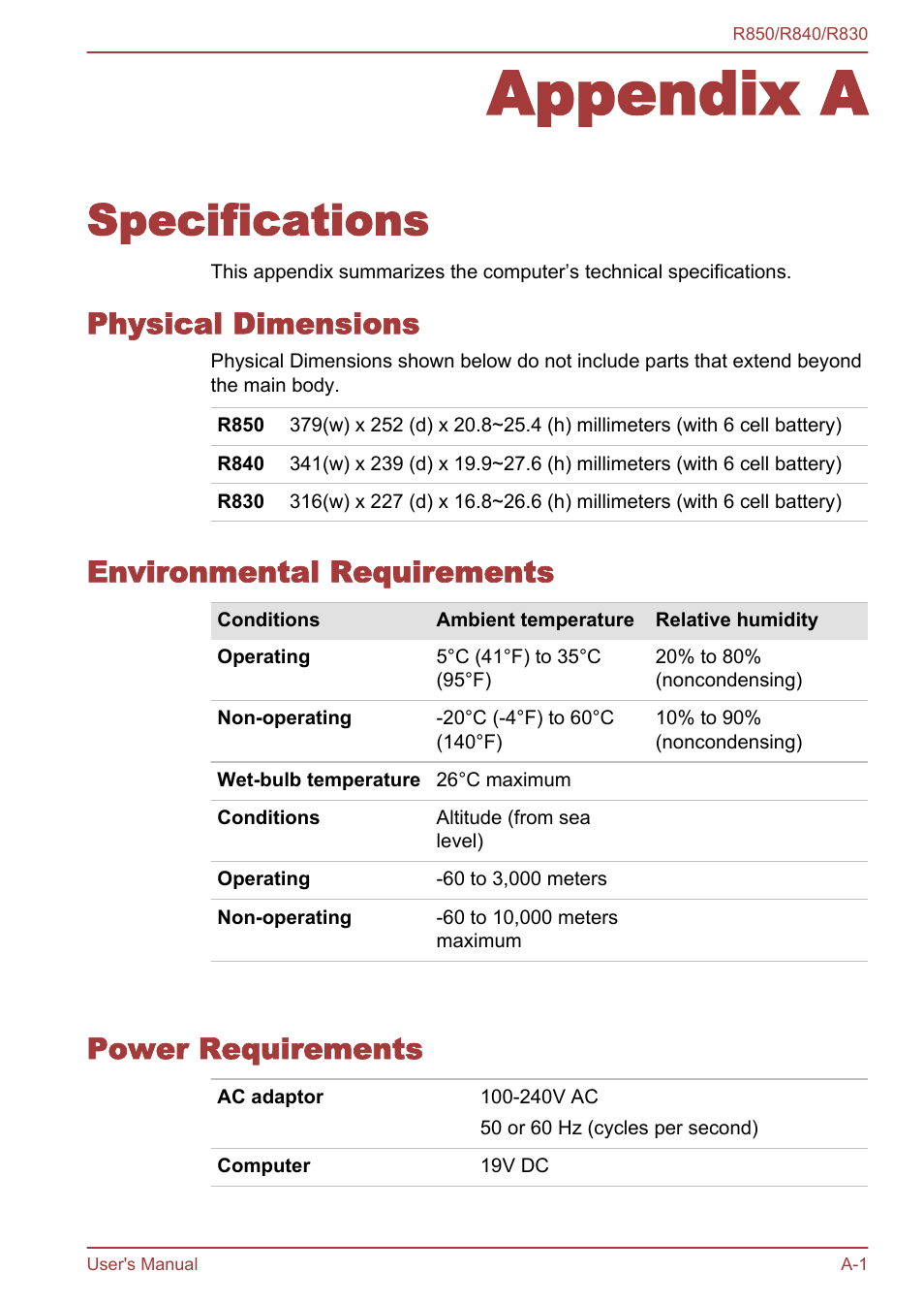 Appendix a specifications, Physical dimensions, Environmental requirements | Power requirements, Appendix a, Specifications | Toshiba Satellite R830 User Manual | Page 182 / 212