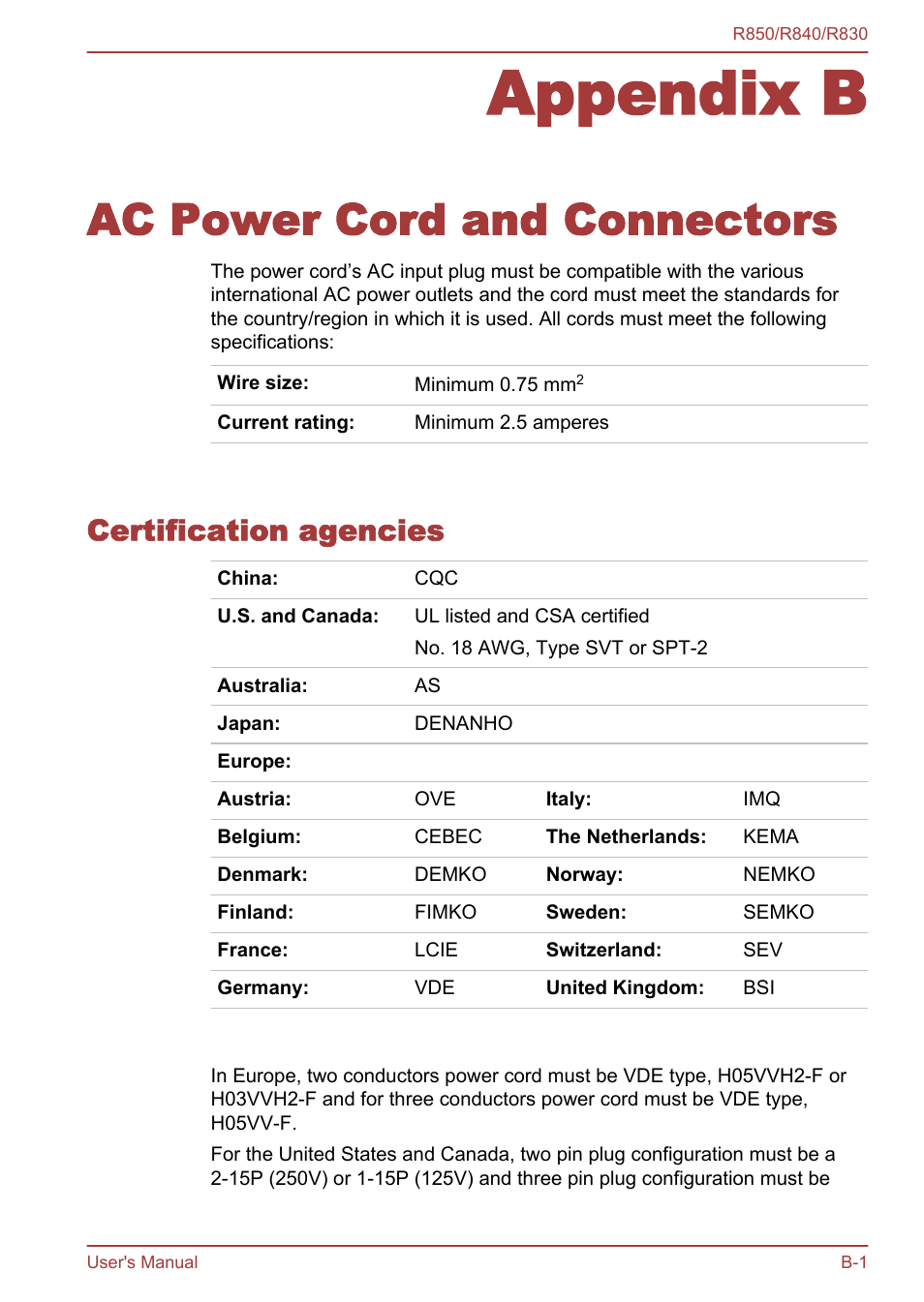 Appendix b ac power cord and connectors, Certification agencies, Appendix b | Ac power cord and connectors | Toshiba Satellite R830 User Manual | Page 184 / 212