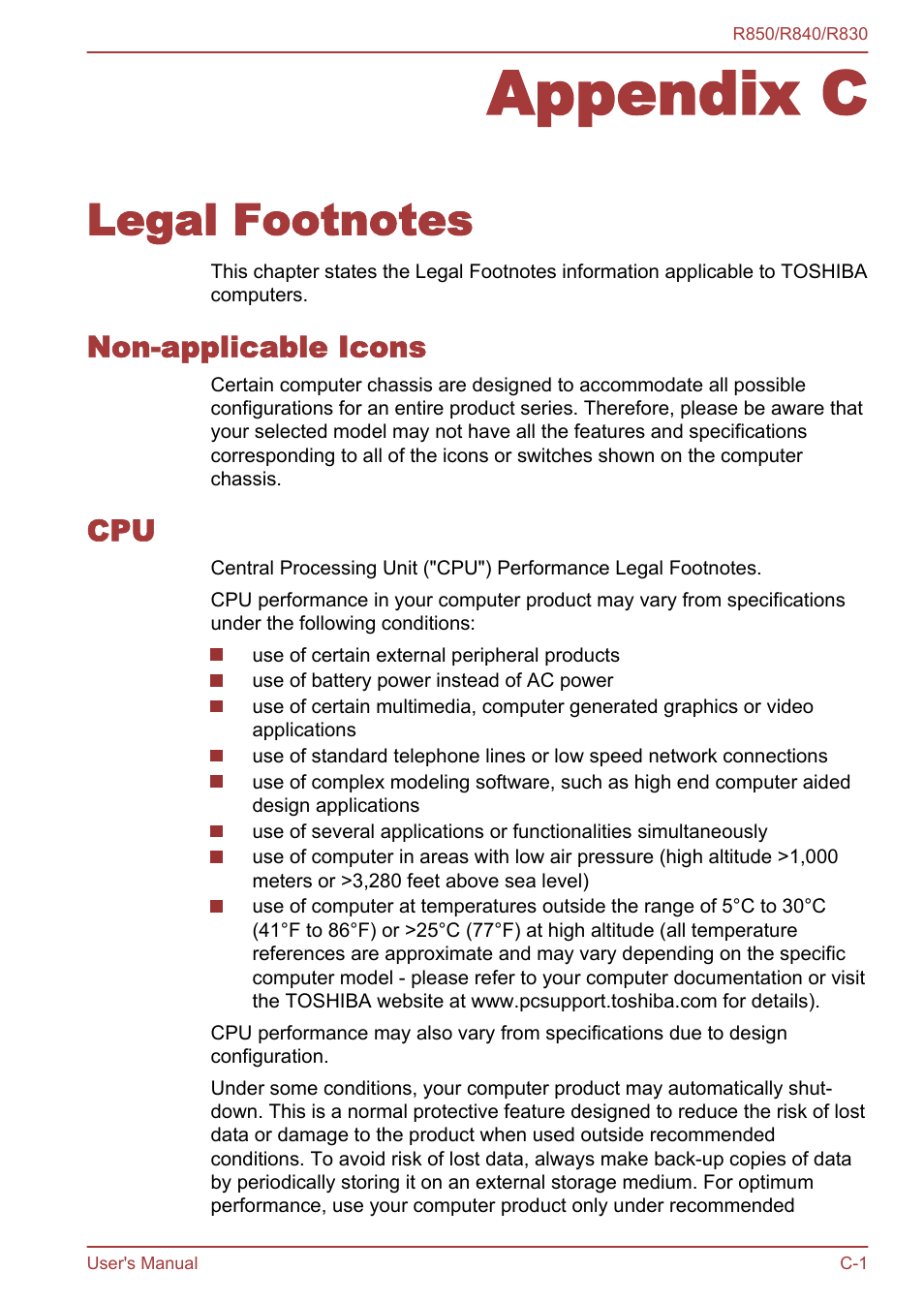 Appendix c legal footnotes, Non-applicable icons, Appendix c | Legal footnotes | Toshiba Satellite R830 User Manual | Page 186 / 212