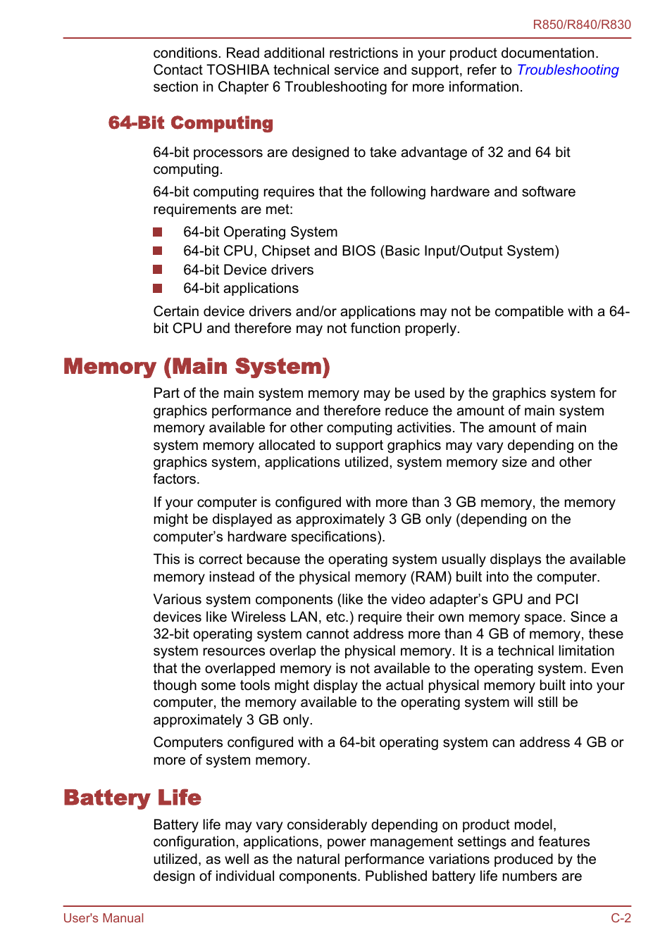 Bit computing, Memory (main system), Battery life | Toshiba Satellite R830 User Manual | Page 187 / 212