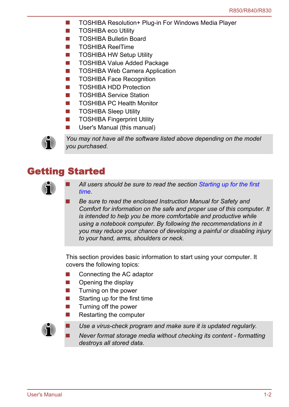 Getting started, Getting started -2 | Toshiba Satellite R830 User Manual | Page 19 / 212