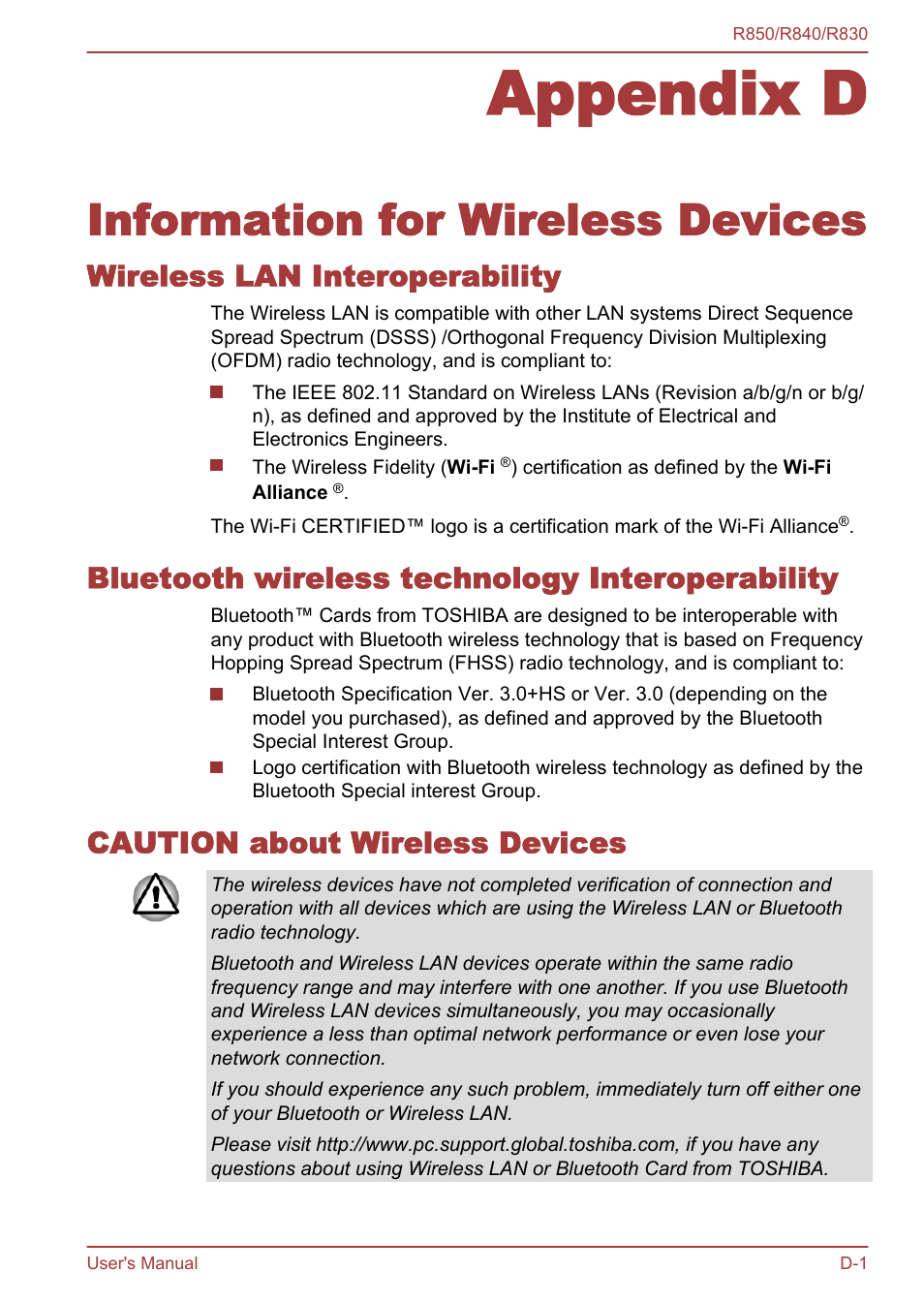 Appendix d information for wireless devices, Wireless lan interoperability, Bluetooth wireless technology interoperability | Caution about wireless devices, Appendix d, Information for wireless devices | Toshiba Satellite R830 User Manual | Page 190 / 212