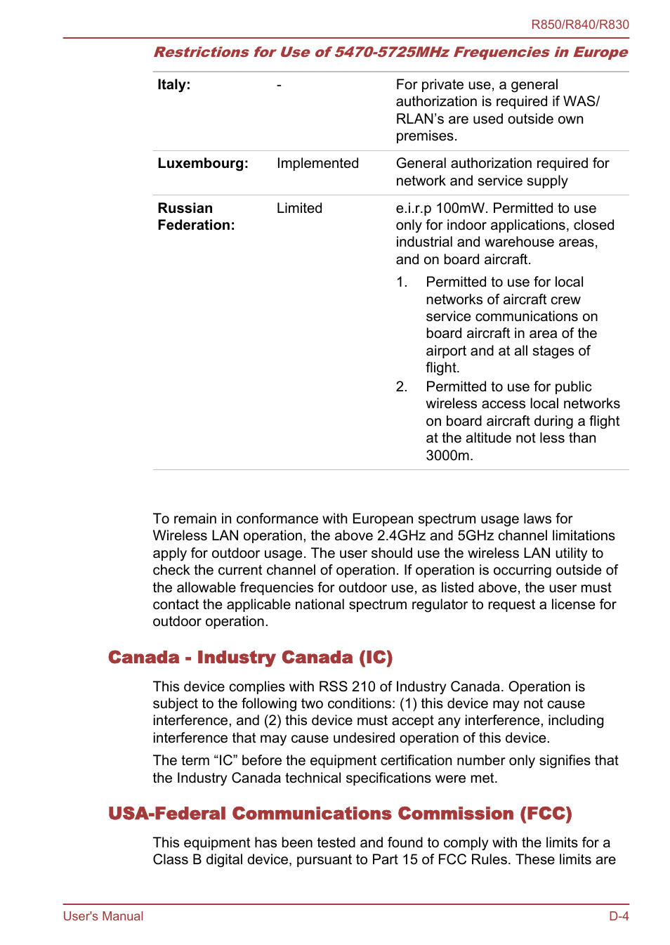 Canada - industry canada (ic), Usa-federal communications commission (fcc) | Toshiba Satellite R830 User Manual | Page 193 / 212