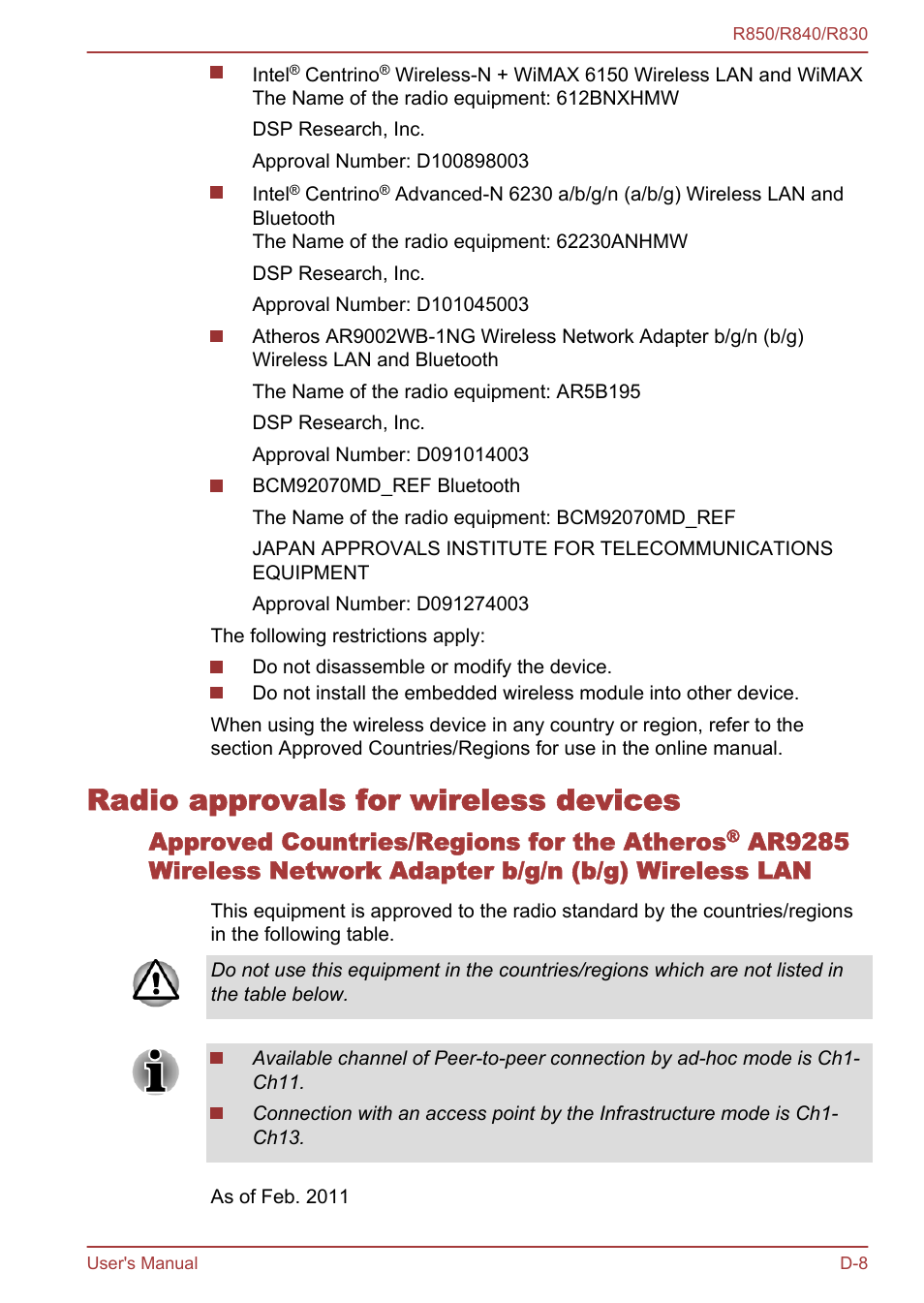 Radio approvals for wireless devices, Approved countries/regions for the atheros | Toshiba Satellite R830 User Manual | Page 197 / 212