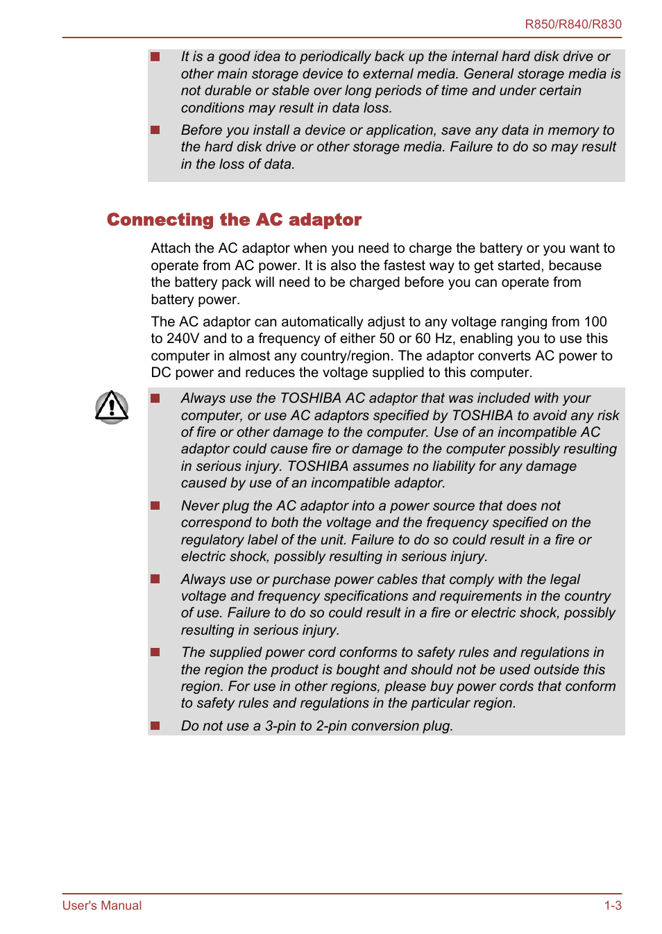 Connecting the ac adaptor | Toshiba Satellite R830 User Manual | Page 20 / 212