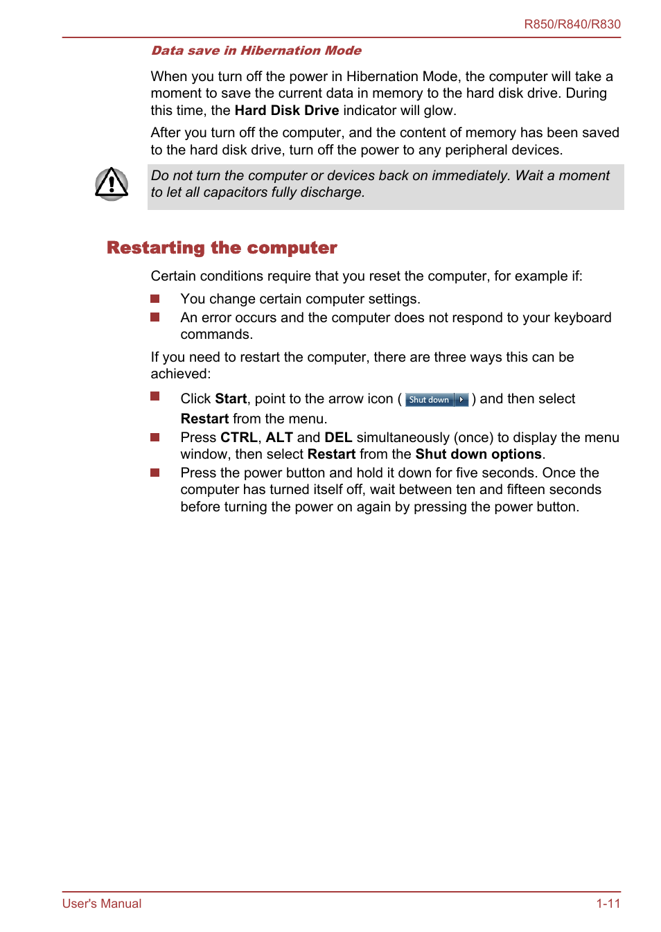 Restarting the computer | Toshiba Satellite R830 User Manual | Page 28 / 212