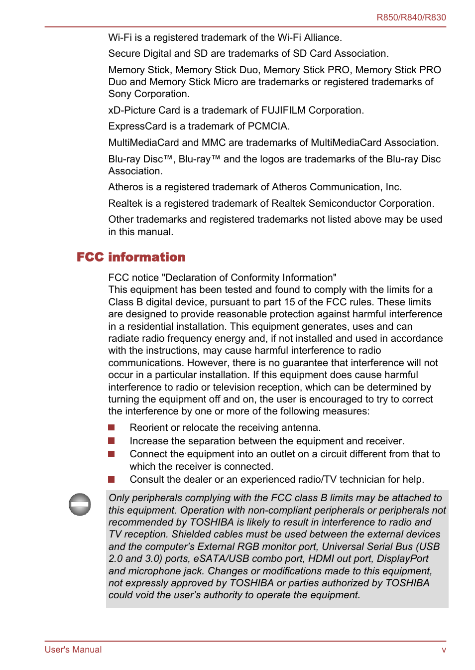 Fcc information | Toshiba Satellite R830 User Manual | Page 5 / 212