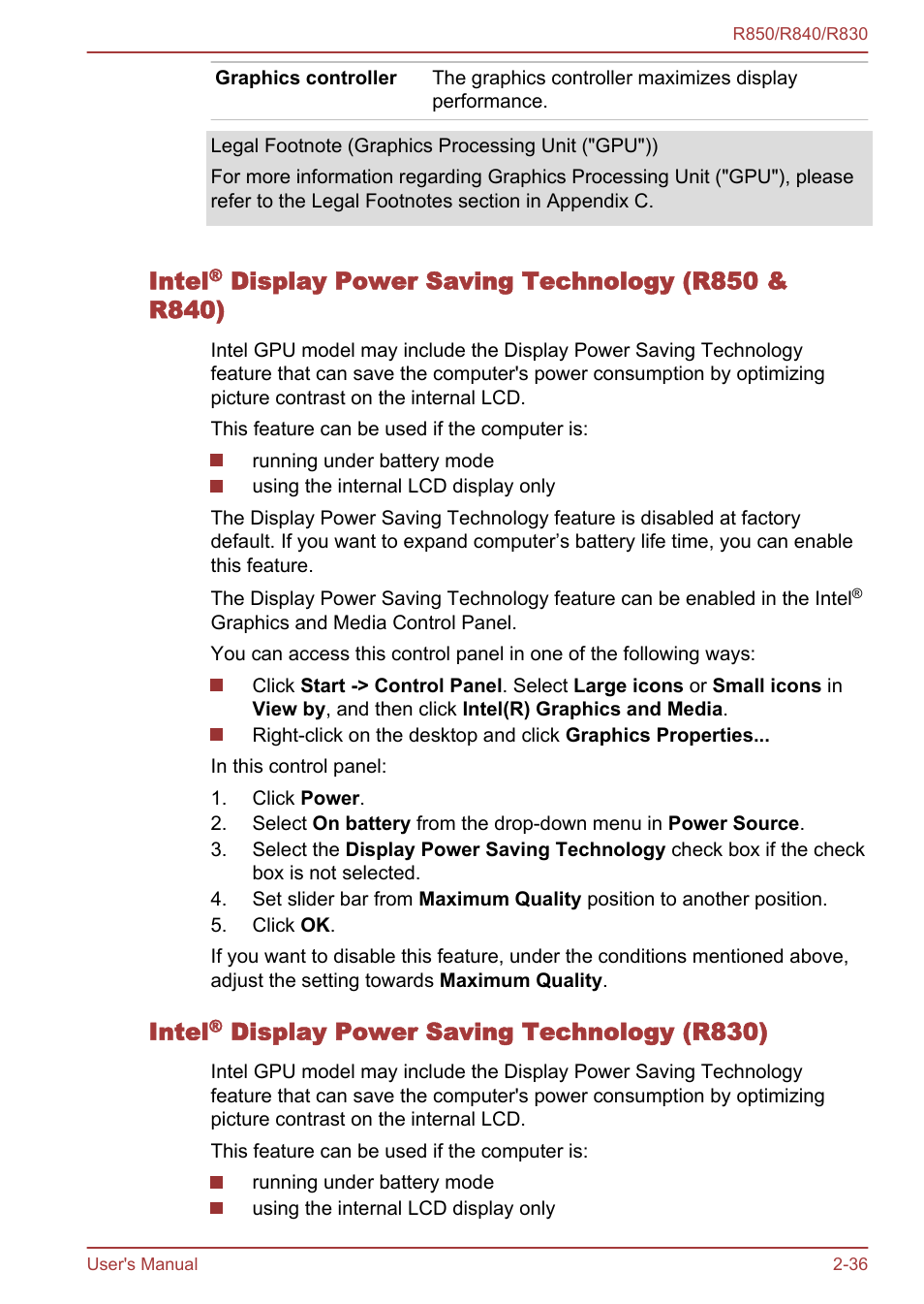 Intel® display power saving technology (r830), Intel, Display power saving technology (r830) | Toshiba Satellite R830 User Manual | Page 64 / 212