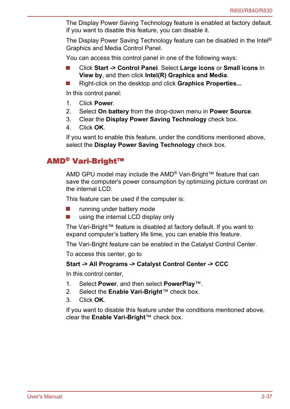 Amd® vari-bright, Vari-bright | Toshiba Satellite R830 User Manual | Page 65 / 212