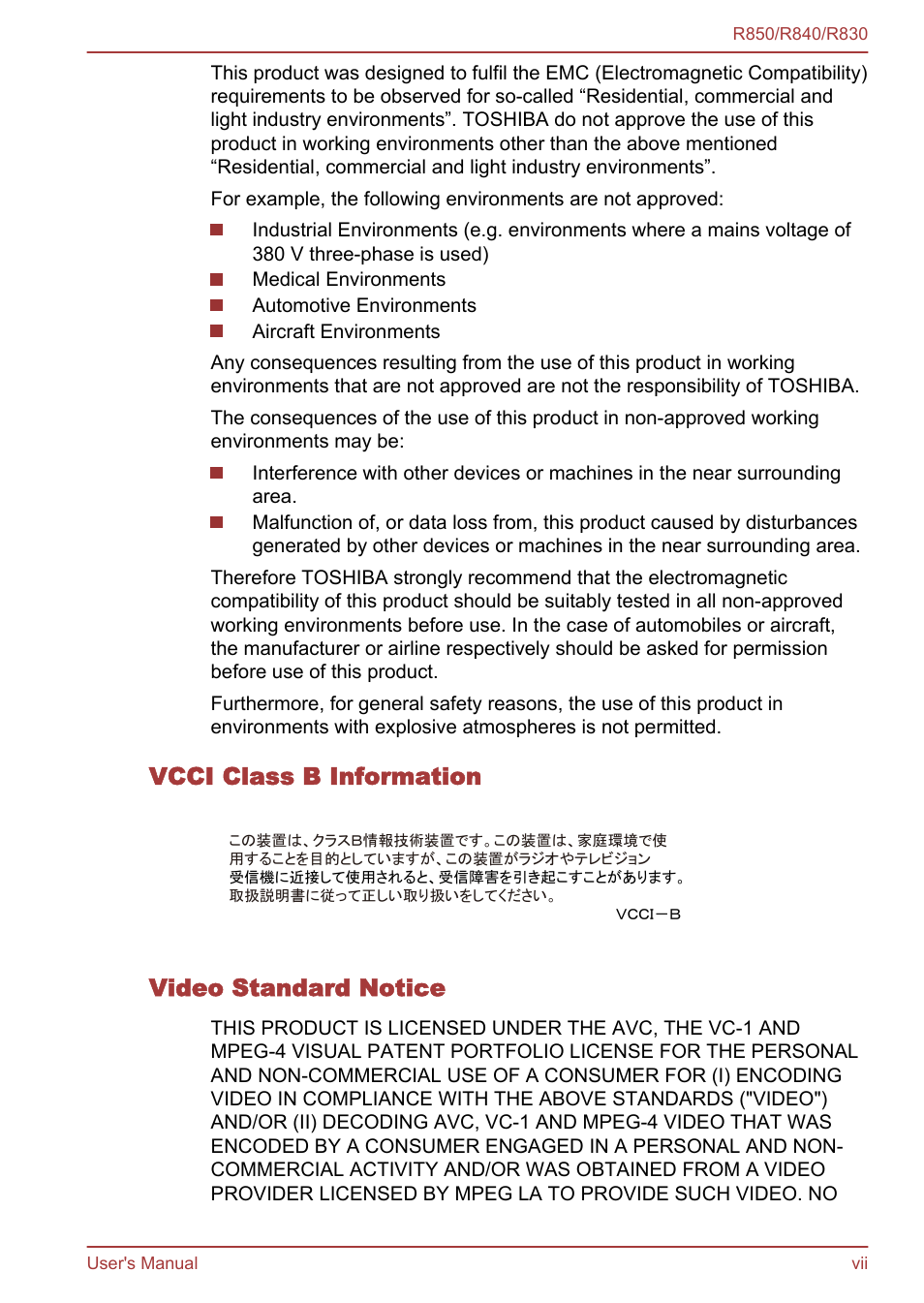 Vcci class b information, Video standard notice | Toshiba Satellite R830 User Manual | Page 7 / 212