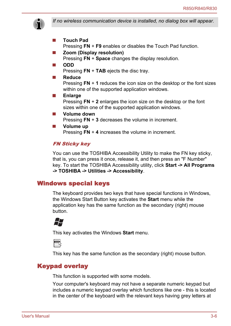 Windows special keys, Keypad overlay | Toshiba Satellite R830 User Manual | Page 71 / 212