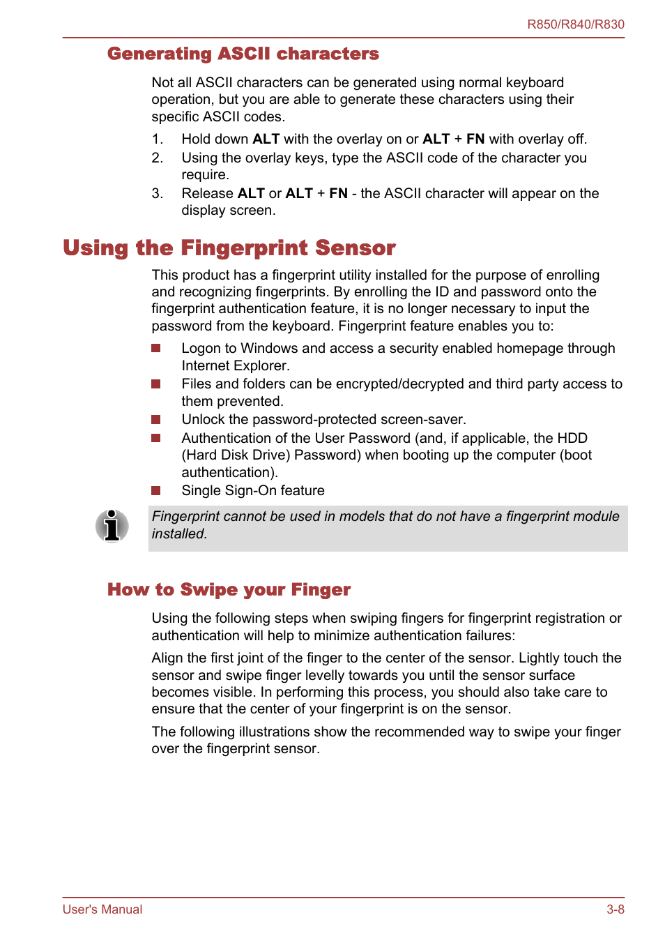 Generating ascii characters, Using the fingerprint sensor, How to swipe your finger | Using the fingerprint sensor -8, Using the, Fingerprint sensor | Toshiba Satellite R830 User Manual | Page 73 / 212