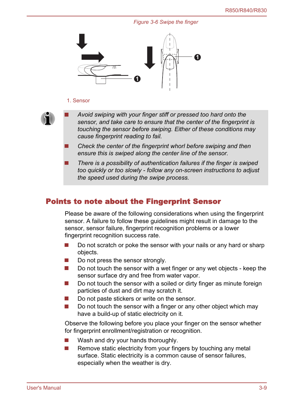 Points to note about the fingerprint sensor | Toshiba Satellite R830 User Manual | Page 74 / 212