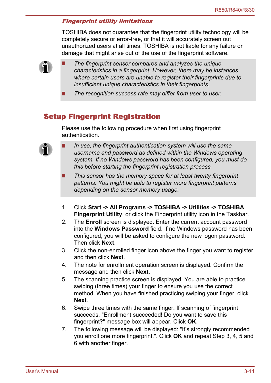 Setup fingerprint registration | Toshiba Satellite R830 User Manual | Page 76 / 212