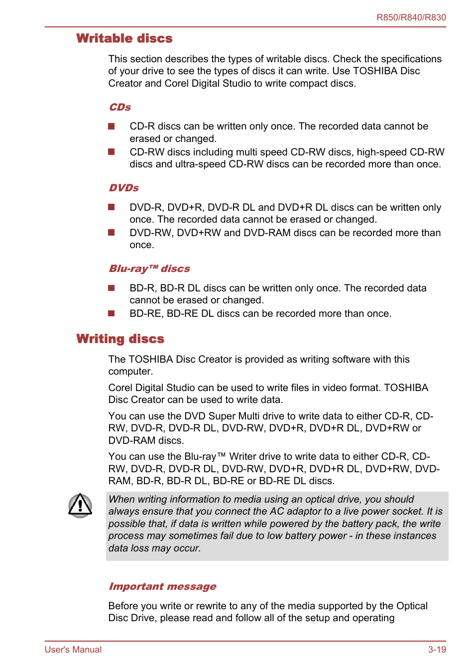 Writable discs, Writing discs | Toshiba Satellite R830 User Manual | Page 84 / 212