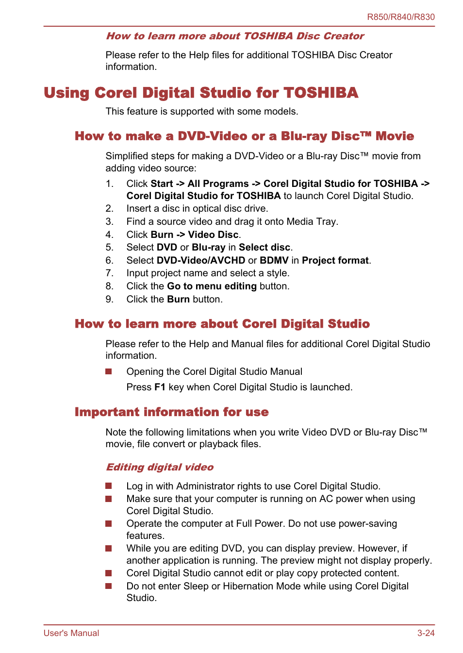 Using corel digital studio for toshiba, How to make a dvd-video or a blu-ray disc™ movie, How to learn more about corel digital studio | Important information for use, Using corel digital studio for toshiba -24 | Toshiba Satellite R830 User Manual | Page 89 / 212