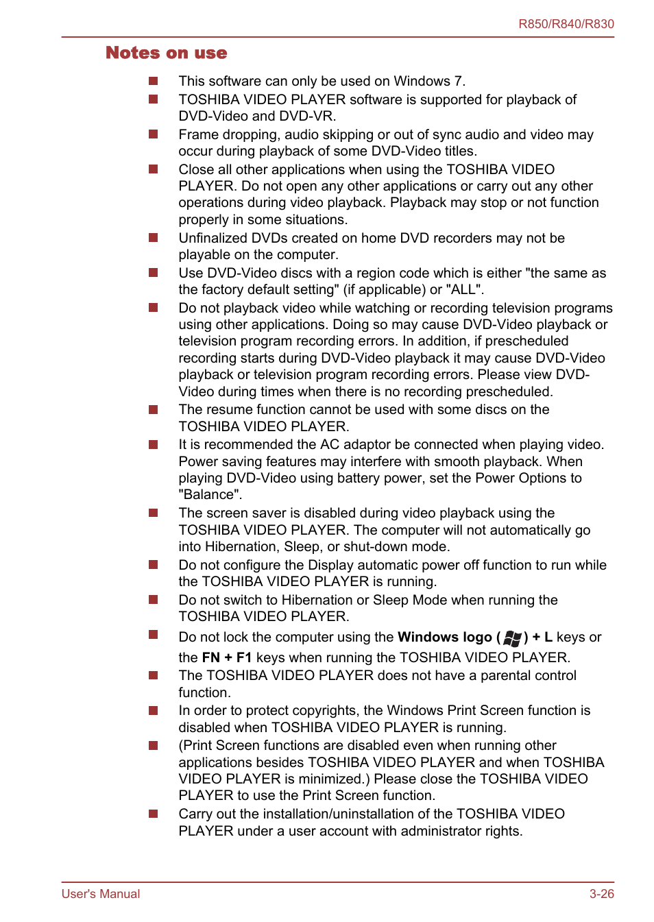 Notes on use | Toshiba Satellite R830 User Manual | Page 91 / 212