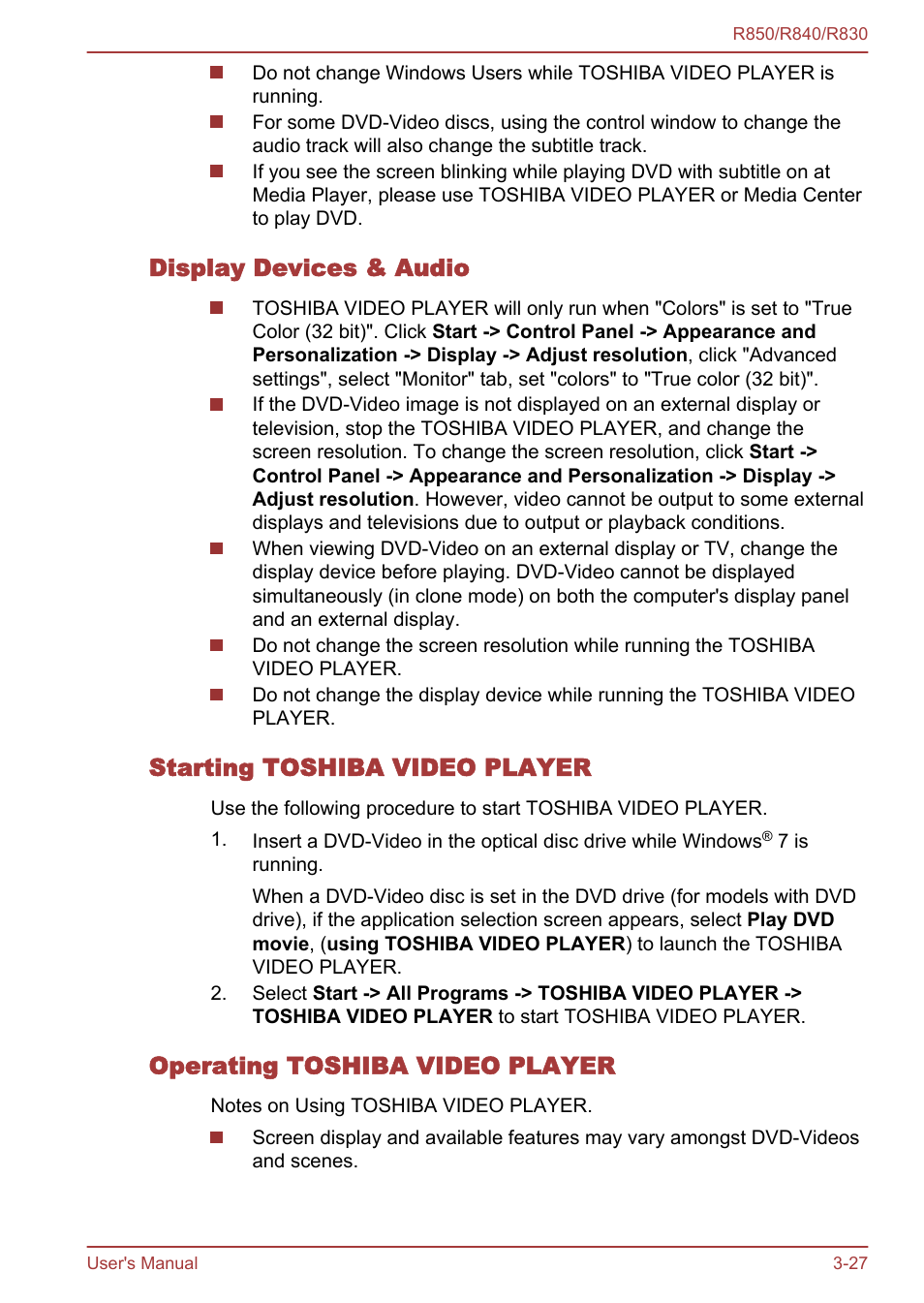 Display devices & audio, Starting toshiba video player, Operating toshiba video player | Toshiba Satellite R830 User Manual | Page 92 / 212