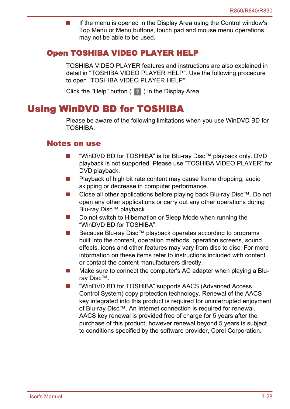 Open toshiba video player help, Using windvd bd for toshiba, Notes on use | Using windvd bd for toshiba -28 | Toshiba Satellite R830 User Manual | Page 93 / 212