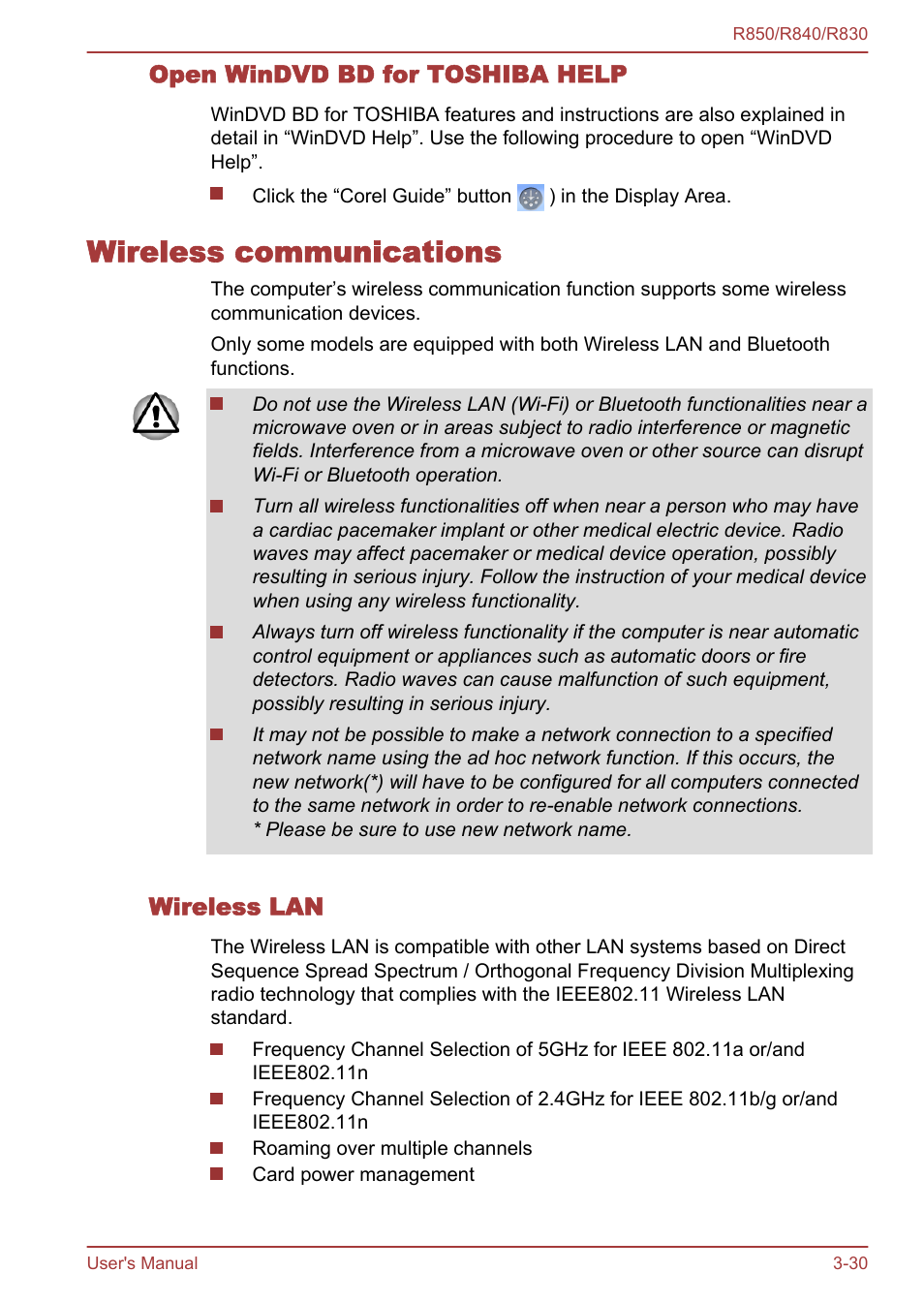 Open windvd bd for toshiba help, Wireless communications, Wireless lan | Wireless communications -30 | Toshiba Satellite R830 User Manual | Page 95 / 212