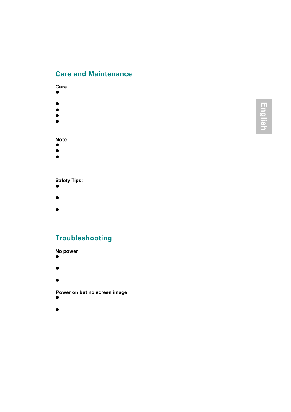 Care and maintenance, Care, Note | Troubleshooting, English, Glish | AOC 177S User Manual | Page 12 / 37