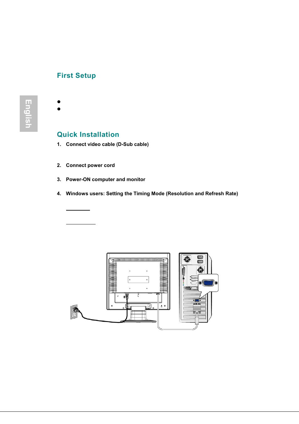 First setup, Quick installation, English | AOC 177S User Manual | Page 5 / 37