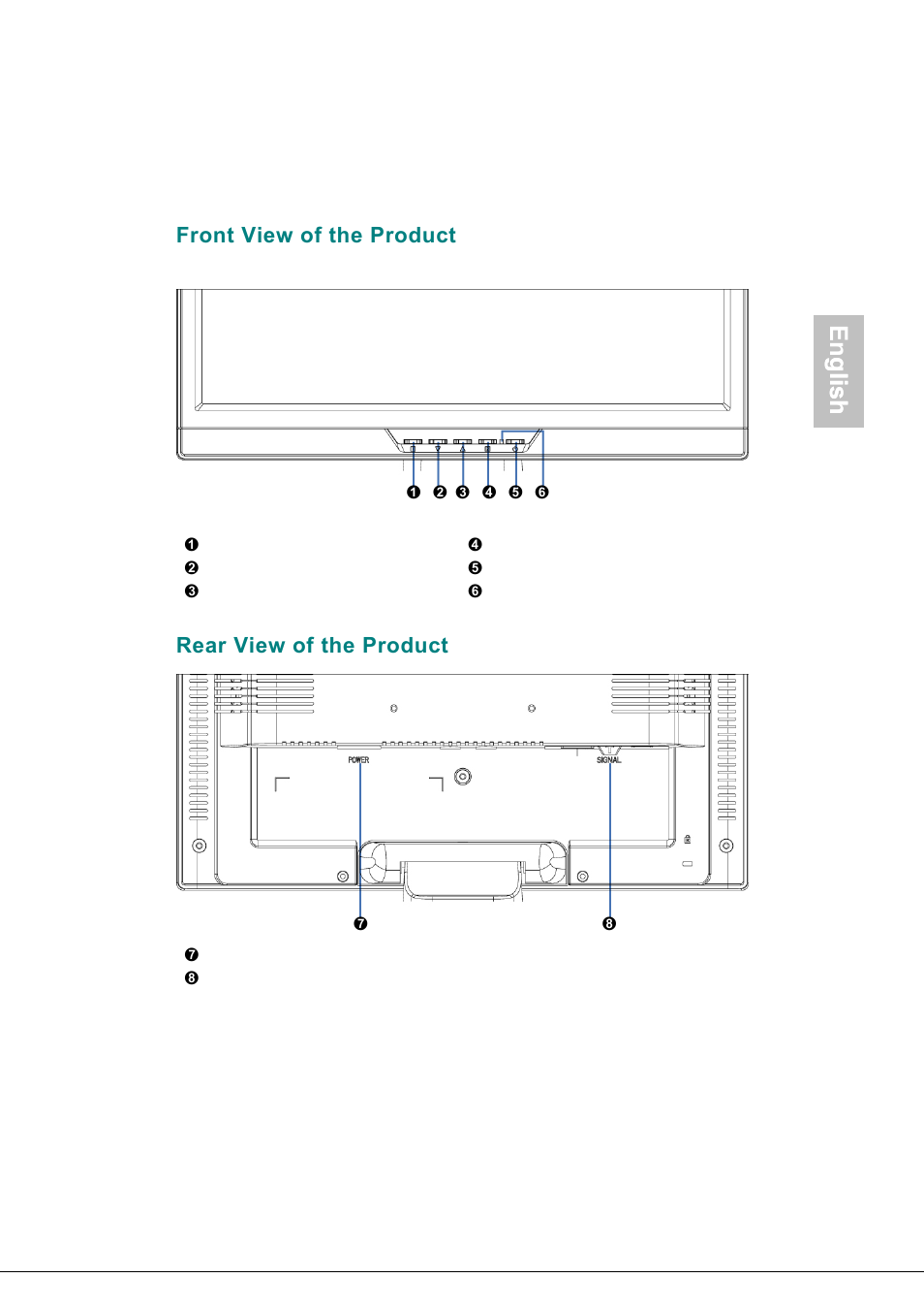 Front view of the product, Rear view of the product, English | Glish | AOC 177S User Manual | Page 6 / 37