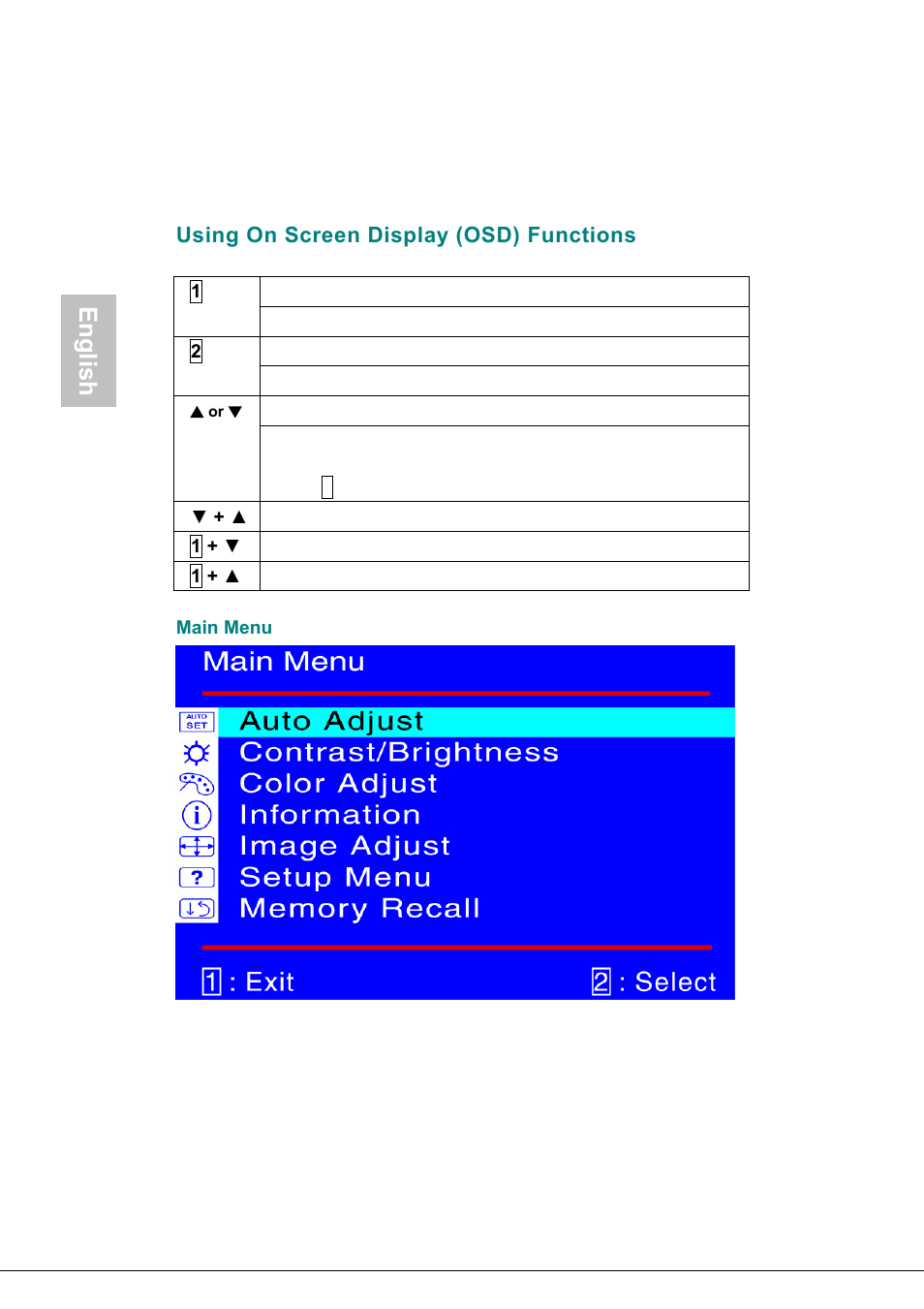 Using on screen display (osd) functions, Main menu, English | AOC 177S User Manual | Page 7 / 37