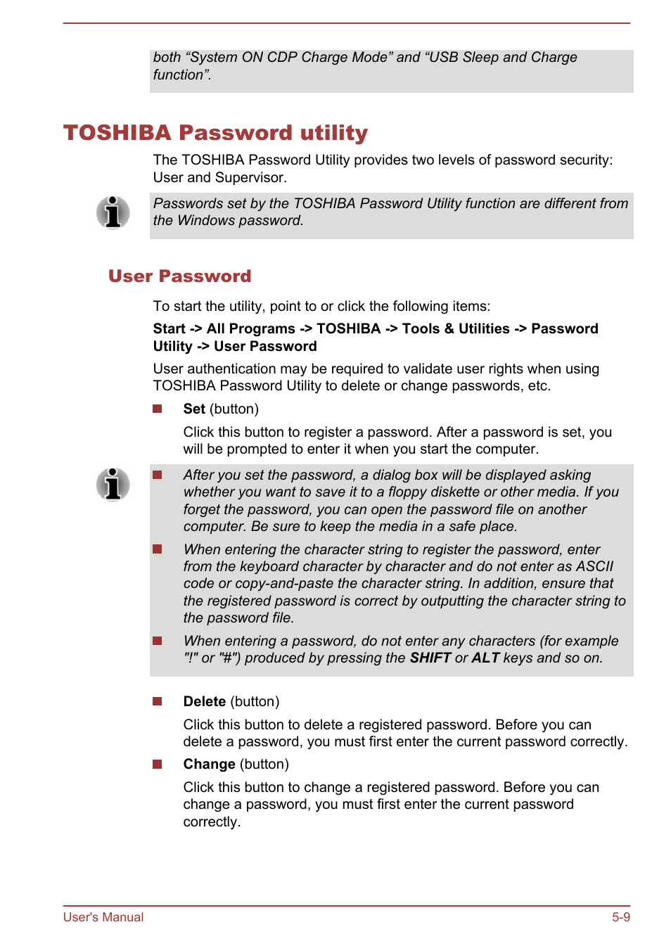 Toshiba password utility, User password, Toshiba password utility -9 | Toshiba Portege Z30T-A User Manual | Page 109 / 156