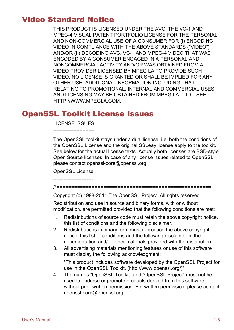 Video standard notice, Openssl toolkit license issues | Toshiba Portege Z30T-A User Manual | Page 11 / 156