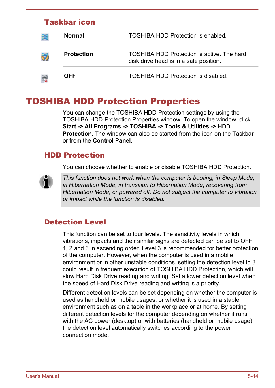 Taskbar icon, Toshiba hdd protection properties, Hdd protection | Detection level, Toshiba hdd protection properties -14 | Toshiba Portege Z30T-A User Manual | Page 114 / 156