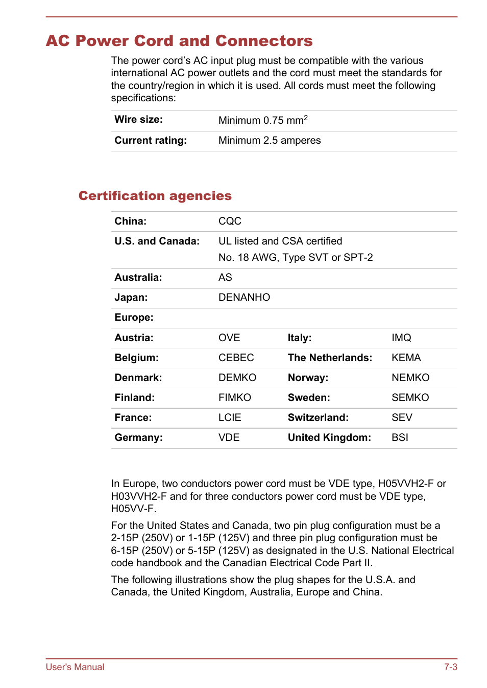 Ac power cord and connectors, Certification agencies, Ac power cord and connectors -3 | Toshiba Portege Z30T-A User Manual | Page 135 / 156