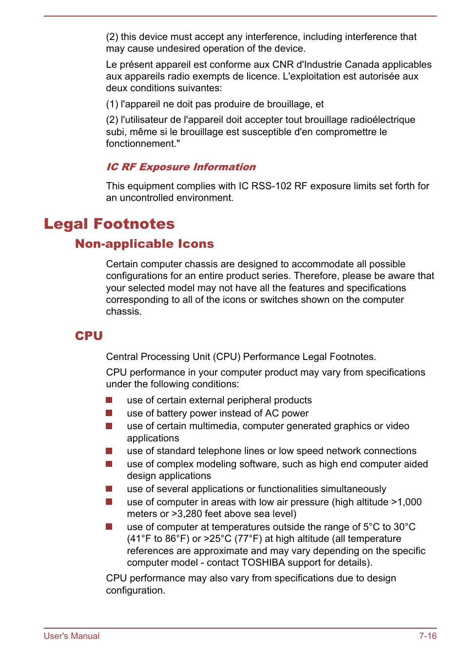 Legal footnotes, Non-applicable icons, Legal footnotes -16 | Legal, Footnotes, Section | Toshiba Portege Z30T-A User Manual | Page 148 / 156