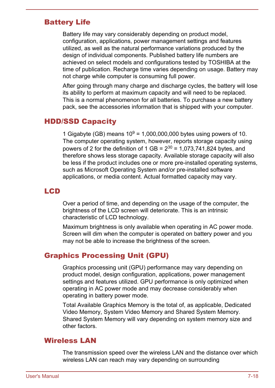 Battery life, Hdd/ssd capacity, Graphics processing unit (gpu) | Wireless lan | Toshiba Portege Z30T-A User Manual | Page 150 / 156